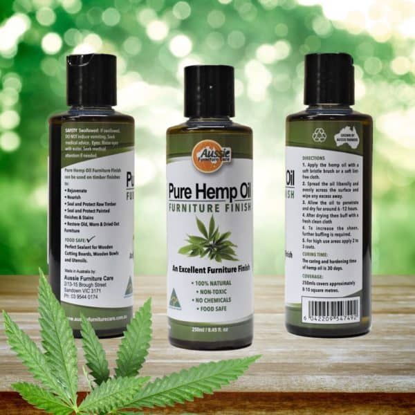 Aussie Furniture Care Pure Hemp Oil 250ml Product Info Front & Side labels