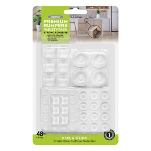 Front of packet of Slipstick CB446 Premium Adhesive Clear Bumper Pads 48 Piece Variety Pack